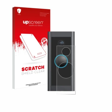 Front side of a product packaging with the brand logo upscreen. Next to it is the device Ring Video Doorbell Wired shown with 