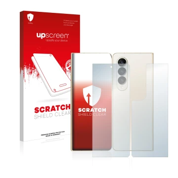 Front side of a product packaging with the brand logo upscreen. Next to it is the device Samsung Galaxy Z Fold 4 (Front+Back) 