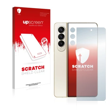 Front side of a product packaging with the brand logo upscreen. Next to it is the device Samsung Galaxy Z Fold 4 (Front+Camera
