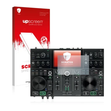 Front side of a product packaging with the brand logo upscreen. Next to it is the device Denon DJ Prime Go shown with the corr