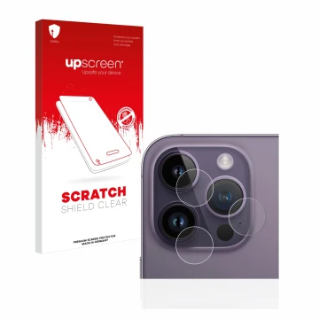 Front side of a product packaging with the brand logo upscreen. Next to it is the device Apple iPhone 14 Pro (ONLY Camera Lens