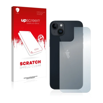 Front side of a product packaging with the brand logo upscreen. Next to it is the device Apple iPhone 14 Plus (Back) shown wit