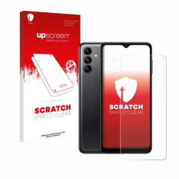 Front side of a product packaging with the brand logo upscreen. Next to it is the device Samsung Galaxy A04s (Front+Camera) sh