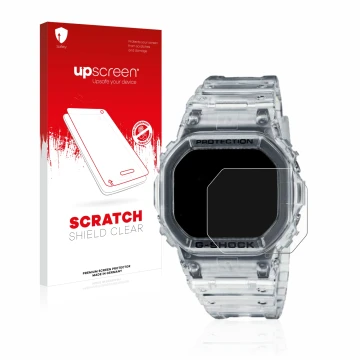 Front side of a product packaging with the brand logo upscreen. Next to it is the device Casio G-Shock DW-5600SKE-7 shown with