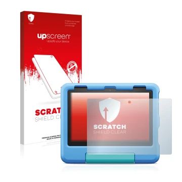 Front side of a product packaging with the brand logo upscreen. Next to it is the device Amazon Fire HD 8 Kids 2022 shown with