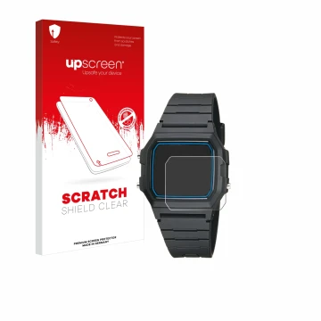 Front side of a product packaging with the brand logo upscreen. Next to it is the device Casio F-105W-1AWYEF shown with the co