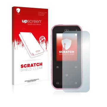 Front side of a product packaging with the brand logo upscreen. Next to it is the device Vtech Kidizoom Snap Touch shown with 