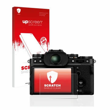 Front side of a product packaging with the brand logo upscreen. Next to it is the device Fujifilm X-T5 shown with the correspo