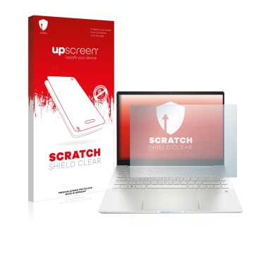 Front side of a product packaging with the brand logo upscreen. Next to it is the device HP Pavilion Plus 14-eh shown with the
