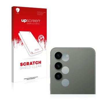 Front side of a product packaging with the brand logo upscreen. Next to it is the device Samsung Galaxy S23 Plus (ONLY Camera 