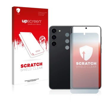 Front side of a product packaging with the brand logo upscreen. Next to it is the device Samsung Galaxy S23 Plus (Front+Camera