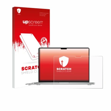 Front side of a product packaging with the brand logo upscreen. Next to it is the device Apple MacBook Pro 14