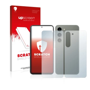 Front side of a product packaging with the brand logo upscreen. Next to it is the device Samsung Galaxy S23 Plus (Front+Back) 