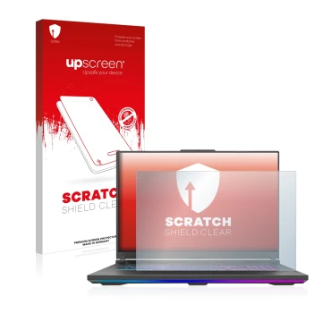 Front side of a product packaging with the brand logo upscreen. Next to it is the device ASUS ROG Strix G18 G814 2023 shown wi