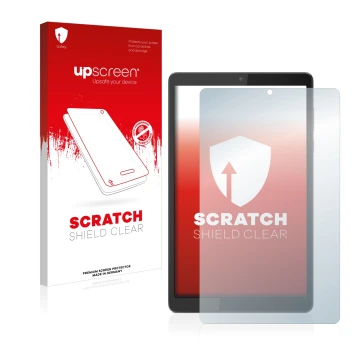 Front side of a product packaging with the brand logo upscreen. Next to it is the device Lenovo Tab M8 (4th Gen.) shown with t