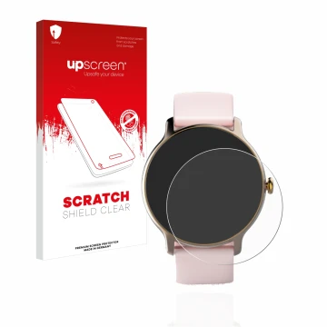 Front side of a product packaging with the brand logo upscreen. Next to it is the device Hama Fit Watch 4910 shown with the co