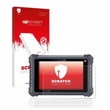 Front side of a product packaging with the brand logo upscreen. Next to it is the device Autel MaxiCom MK906Pro-TS shown with 