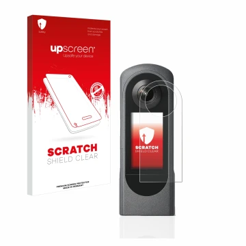 Front side of a product packaging with the brand logo upscreen. Next to it is the device Ricoh Theta X shown with the correspo