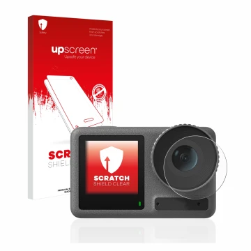 Front side of a product packaging with the brand logo upscreen. Next to it is the device DJI Osmo Action 3 (Lens) shown with t