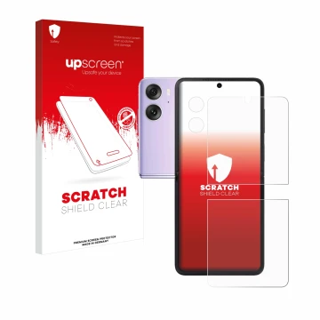Front side of a product packaging with the brand logo upscreen. Next to it is the device Oppo Find N2 Flip (Front+Camera) show