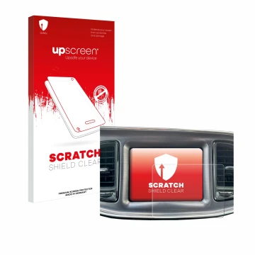 Front side of a product packaging with the brand logo upscreen. Next to it is the device Dodge Challenger Uconnect 8.4