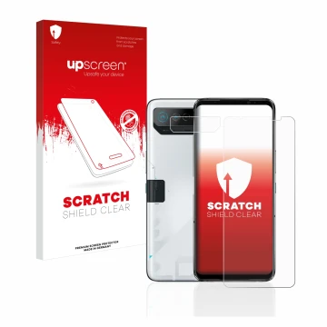 Front side of a product packaging with the brand logo upscreen. Next to it is the device ASUS ROG Phone 7 (Front+Camera) shown