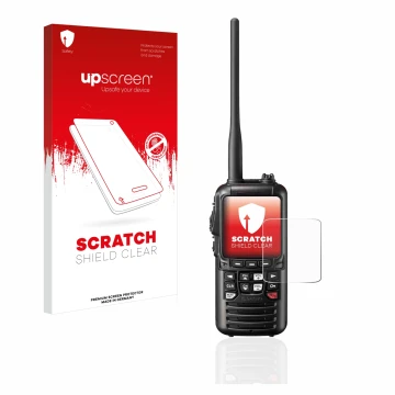 Front side of a product packaging with the brand logo upscreen. Next to it is the device Standard Horizon HX890 shown with the