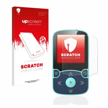 Front side of a product packaging with the brand logo upscreen. Next to it is the device AGPtek A65X MP3 Player with clip show