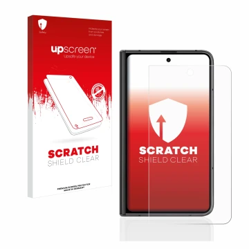 Front side of a product packaging with the brand logo upscreen. Next to it is the device Google Pixel Fold (Outer display) sho