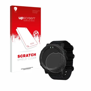 Front side of a product packaging with the brand logo upscreen. Next to it is the device Suunto Core Alpha shown with the corr