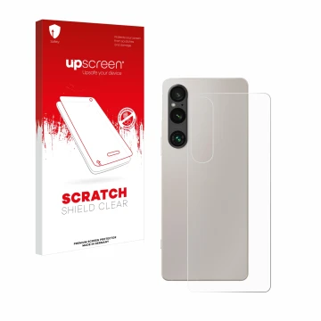Front side of a product packaging with the brand logo upscreen. Next to it is the device Sony Xperia 1 V (Back) shown with the