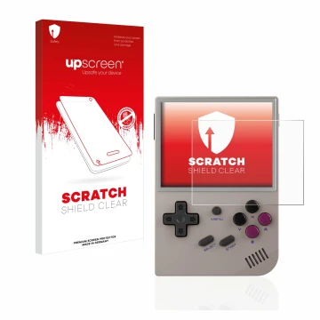 Front side of a product packaging with the brand logo upscreen. Next to it is the device Anbernic RG35XX shown with the corres