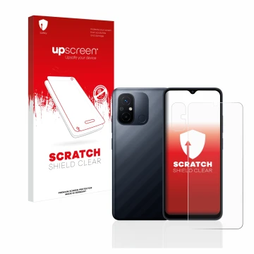 Front side of a product packaging with the brand logo upscreen. Next to it is the device Xiaomi Redmi 12C (Front+Camera) shown