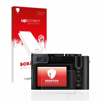Front side of a product packaging with the brand logo upscreen. Next to it is the device Leica Q3 shown with the corresponding