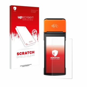 Front side of a product packaging with the brand logo upscreen. Next to it is the device Sunmi V2 Pro shown with the correspon