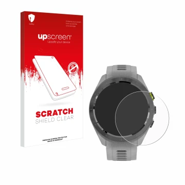 Front side of a product packaging with the brand logo upscreen. Next to it is the device Garmin Approach S70 (42 mm) shown wit