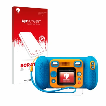 Front side of a product packaging with the brand logo upscreen. Next to it is the device Vtech Kidizoom Kid 4 shown with the c