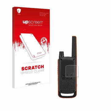 Front side of a product packaging with the brand logo upscreen. Next to it is the device Motorola Talkabout T82 shown with the