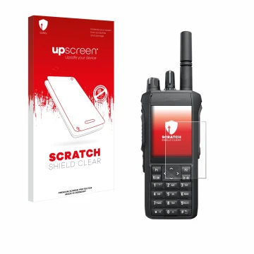 Front side of a product packaging with the brand logo upscreen. Next to it is the device Motorola Mototrbo R7 shown with the c