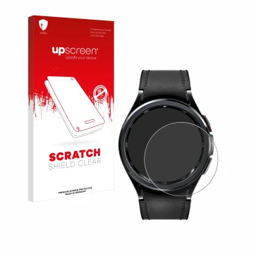 Front side of a product packaging with the brand logo upscreen. Next to it is the device Samsung Galaxy Watch 6 Classic (43 mm