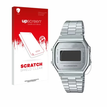 Front side of a product packaging with the brand logo upscreen. Next to it is the device Casio A168WEM-7EF shown with the corr