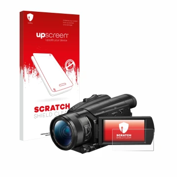 Front side of a product packaging with the brand logo upscreen. Next to it is the device Sony FDR-AX700 shown with the corresp