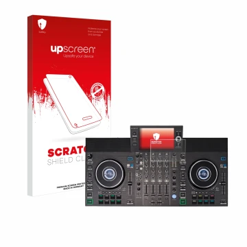 Front side of a product packaging with the brand logo upscreen. Next to it is the device Denon DJ SC LIVE 4 shown with the cor