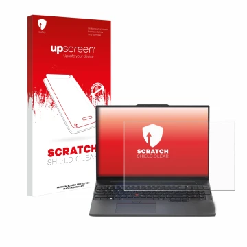 Front side of a product packaging with the brand logo upscreen. Next to it is the device Lenovo ThinkPad E16 Gen 1 shown with 