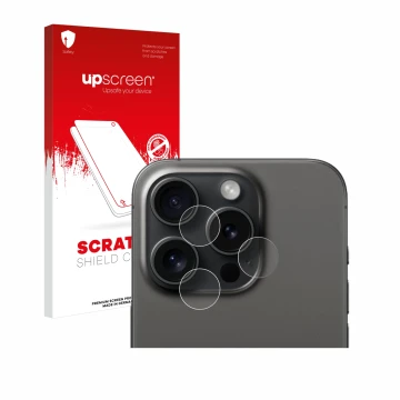 Front side of a product packaging with the brand logo upscreen. Next to it is the device Apple iPhone 15 Pro (ONLY Camera Lens