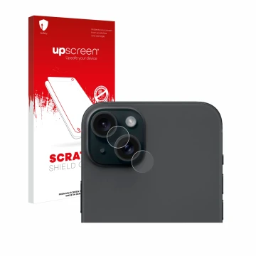 Front side of a product packaging with the brand logo upscreen. Next to it is the device Apple iPhone 15 Plus (ONLY Camera Len