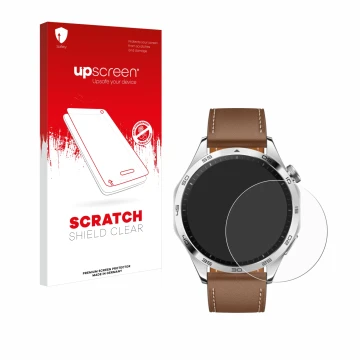 Front side of a product packaging with the brand logo upscreen. Next to it is the device Huawei Watch GT 4 (46mm) shown with t