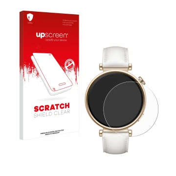 Front side of a product packaging with the brand logo upscreen. Next to it is the device Huawei Watch GT 4 (41mm) shown with t