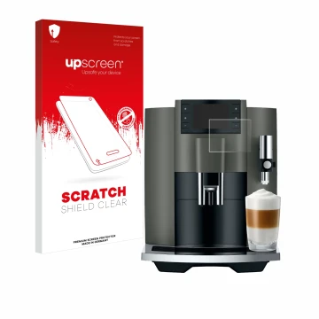 Front side of a product packaging with the brand logo upscreen. Next to it is the device Jura E8 (EC) shown with the correspon