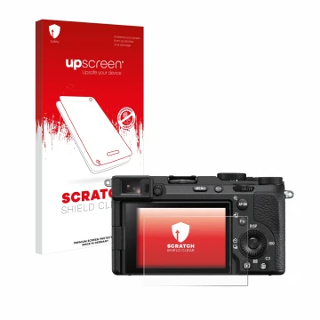 Front side of a product packaging with the brand logo upscreen. Next to it is the device Sony Alpha 7CR shown with the corresp